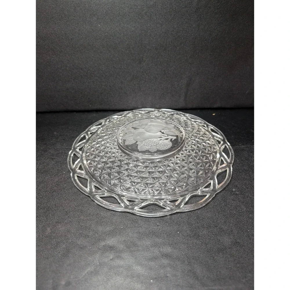 Imperial Glass Laced Rim‎ Frosted Intaglio Rose Diamond Platter, Serving Tray